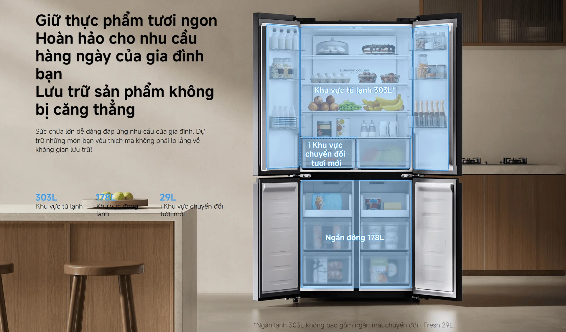 Không gian lưu trữ tủ lạnh Mijia 510L