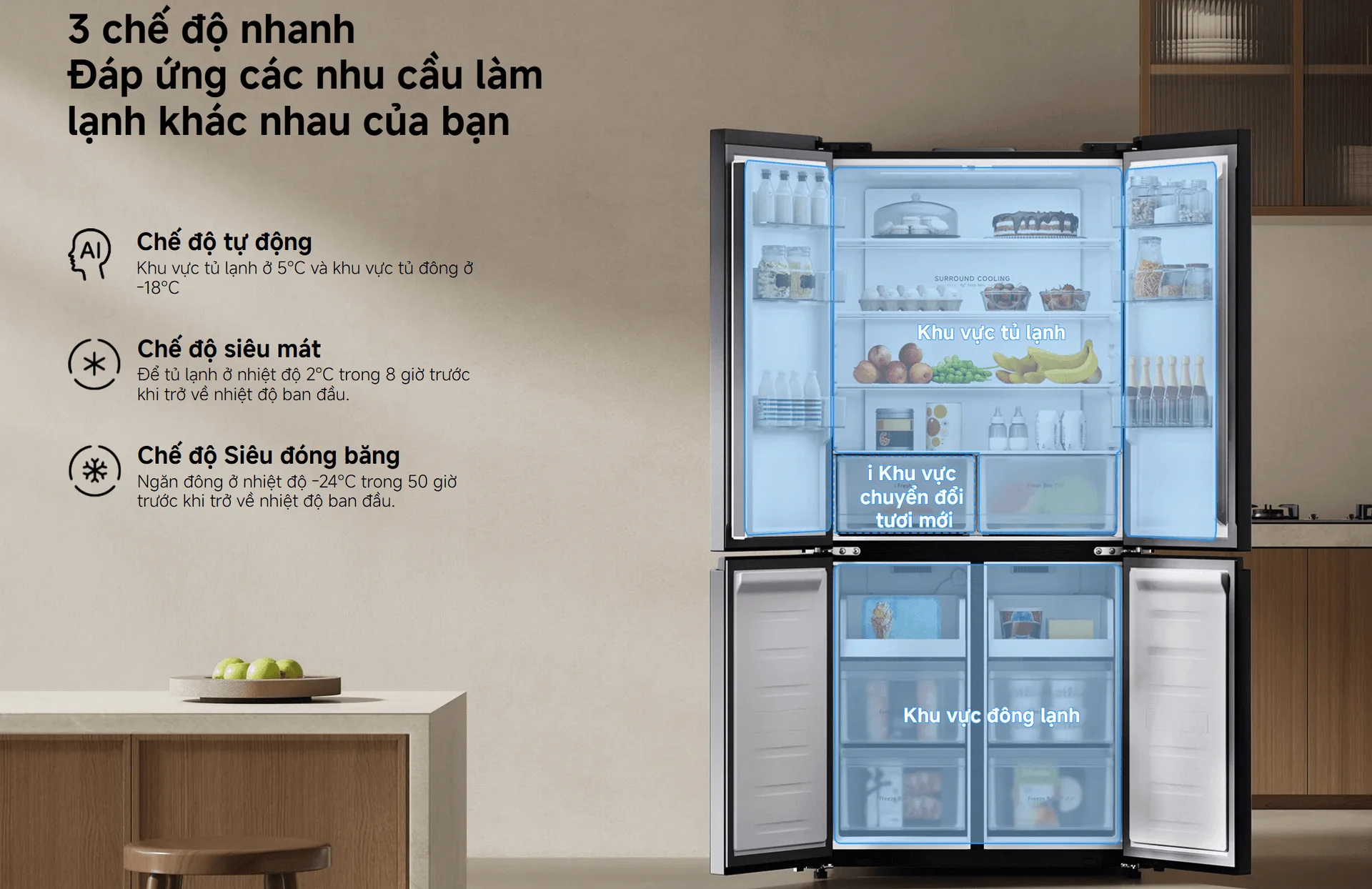 Ba chế độ làm lạnh nhanh tủ lạnh Mijia 510L